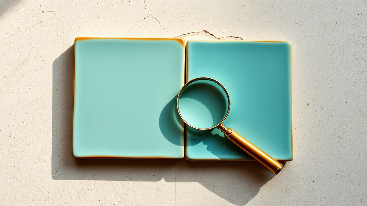Two almost identical ceramic tiles lying side by side on pale stone under even daylight, one noticeably thicker than the other, a brass magnifier resting across the gap between them