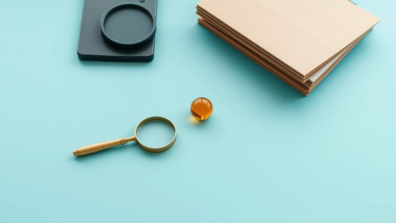 A plain wooden desk in flat daylight holding three objects and nothing else: a brass magnifier lying face down, a small amber glass marble, and a short stack of closed cardboard folders with plain unmarked covers