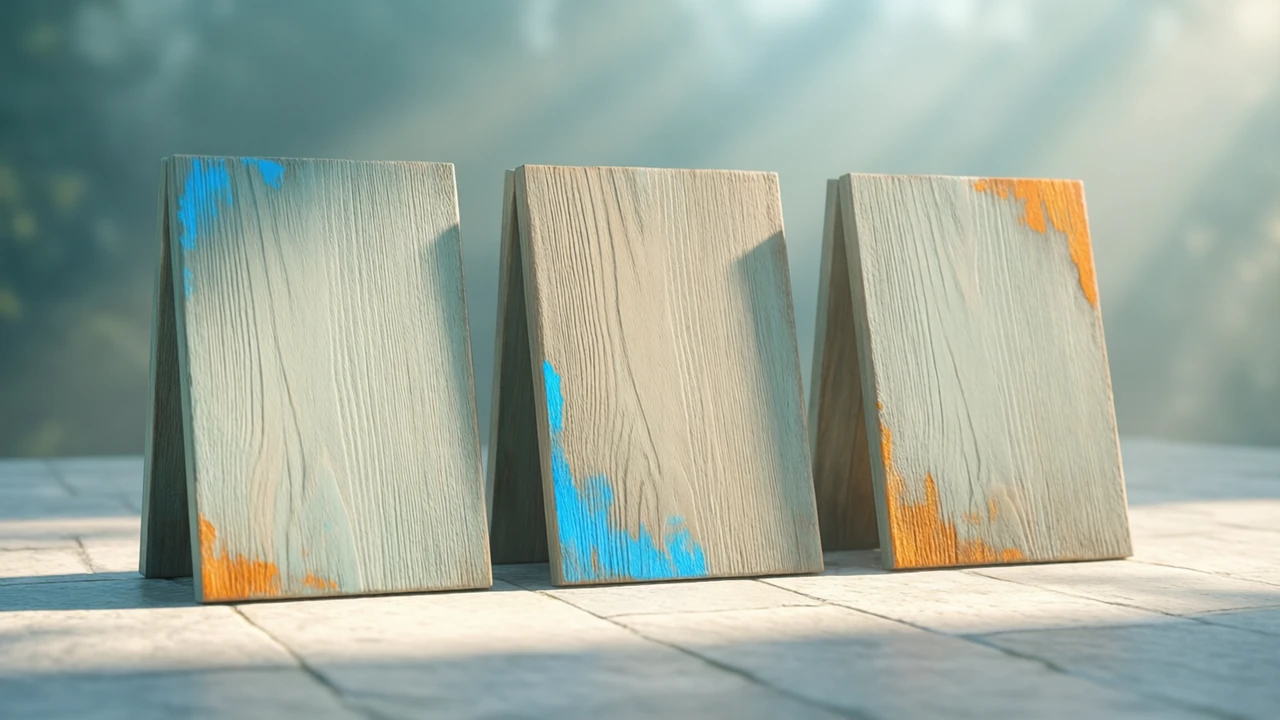 Three plain wooden name plaques standing upright in a row on pale stone in even daylight, each blank
