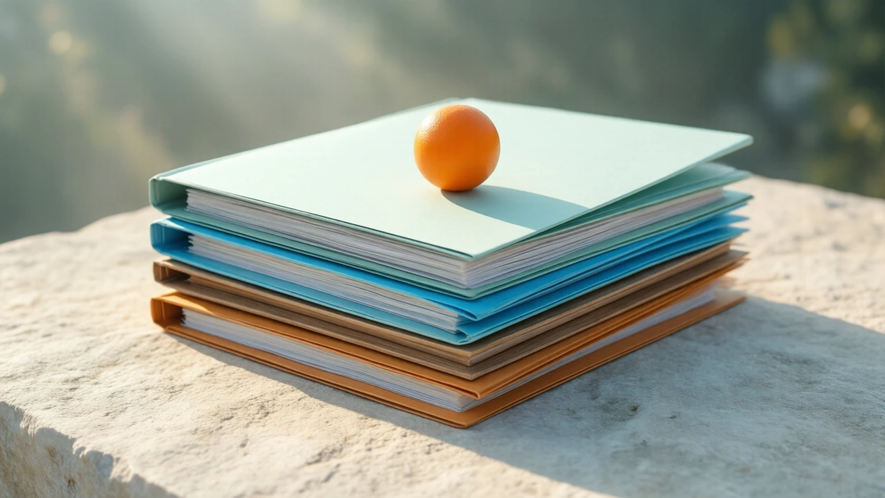 A stack of four plain paper folders squared up on a pale stone surface in daylight, a single small orange ball resting on the topmost one