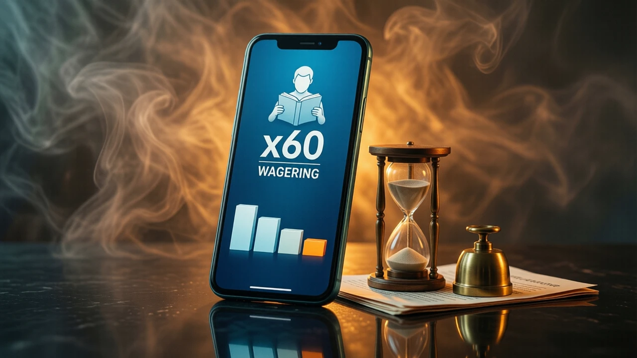 A wide phone standing upright on a dark glossy surface at a slight angle, warm amber glow behind it, mirrored reflection below. The screen shows one very large white figure reading x60 with a small line under it reading WAGERING, and beneath that a row of four short stacked blocks of decreasing height. To the right of the phone stands a small brass hourglass with almost all the sand run through, and a folded paper document lies flat under a brass weight