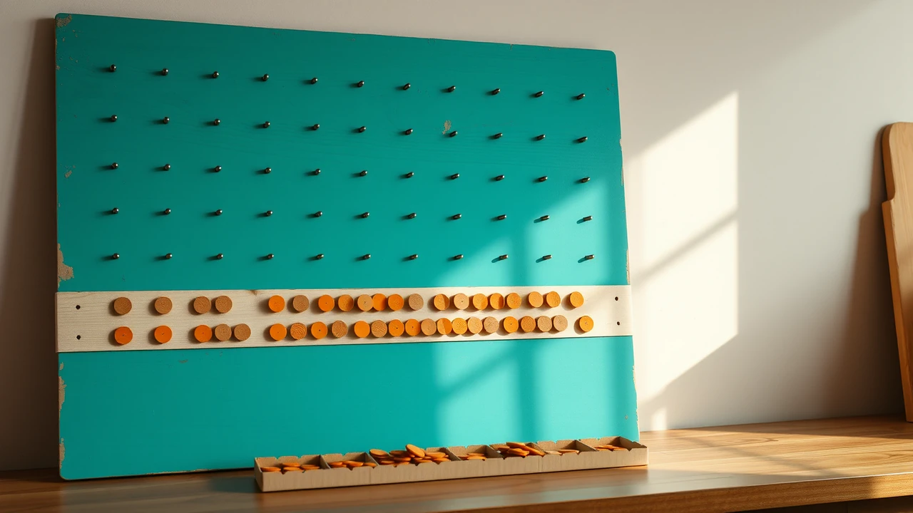 A rough plywood panel leaning against a kitchen wall in flat daylight, dozens of short steel nails hammered into it in neat offset rows, a strip of small cardboard dividers glued along the bottom forming a row of shallow trays, most of the trays in the middle piled with small painted wooden discs and the two end trays empty