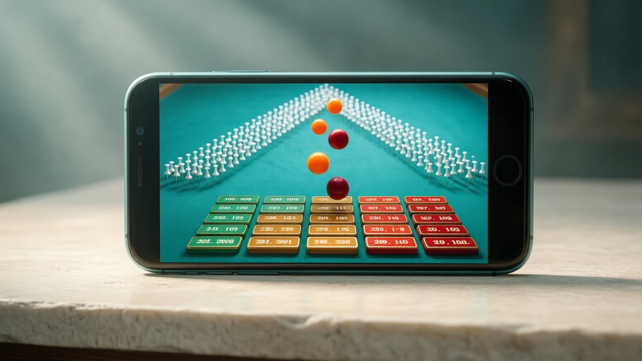A wide phone lying screen-up on a pale stone counter, the lit screen showing a teal board with a triangle of small white pins and three rows of coloured payout tiles beneath it
