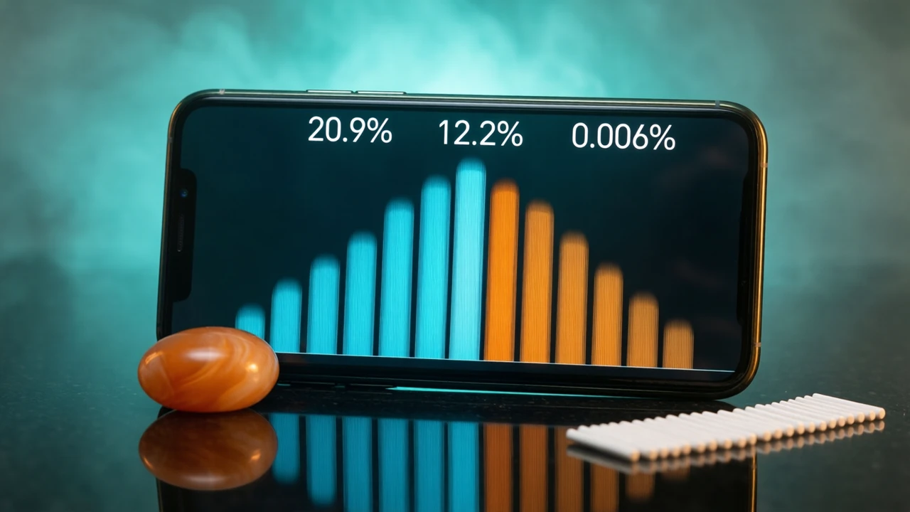 A phone on a dark glossy surface showing a bell-shaped chart of fifteen bars, tallest in the middle, with the readouts 20.9%, 12.2% and 0.006% along the top