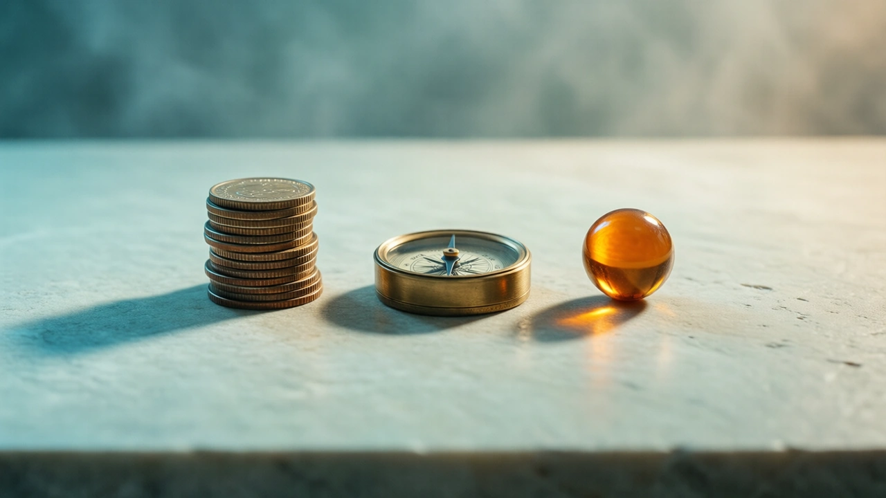 A pale stone desk seen from above with three numbered wooden markers in a row, a small orange ball beside the first, a stopwatch beside the second and a stack of coins beside the third