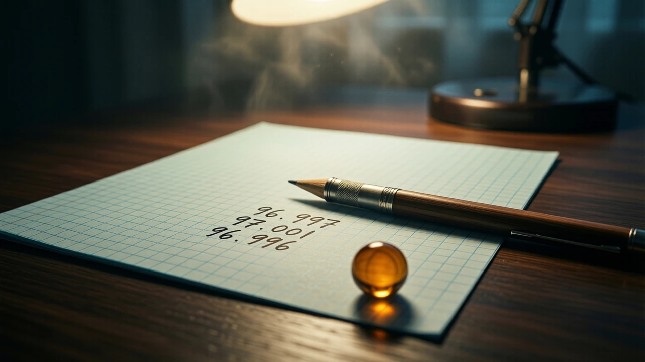 A sheet of squared paper under a low desk lamp, a short column of neat handwritten figures on it reading 96.997, 97.001 and 96.996 one under the other, a mechanical pencil lying across the sheet and a small amber glass marble holding down one corner, warm pool of light, the rest of the desk in shadow