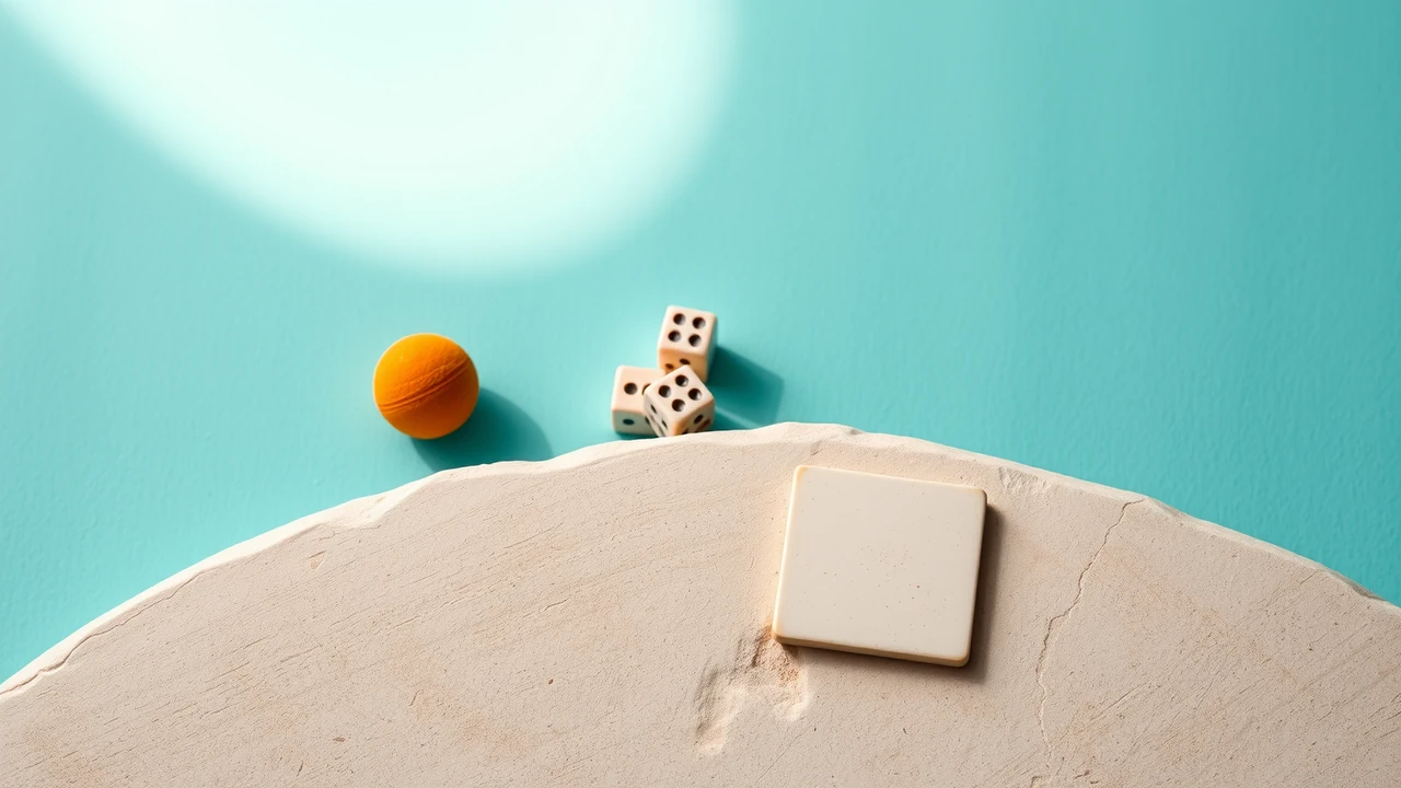 Three objects arranged on pale stone in a shallow arc — a small orange ball, a pair of ivory dice, and a single overturned ceramic tile with a plain reverse