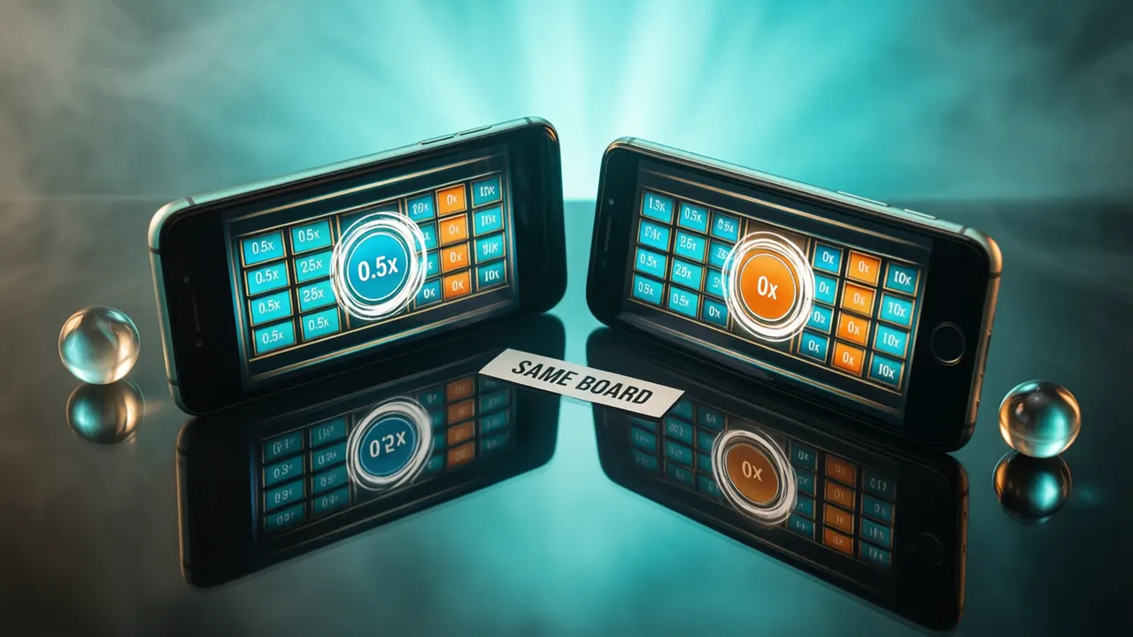 Two wide phones lying side by side screen-up on a dark glossy surface, seen from above at a slight angle, cool teal glow behind them and a mirrored reflection below. Each screen shows the same row of small payout tiles, and the centre tile of each is circled in white: the left screen's centre tile reads 0.5x and the right screen's centre tile reads 0x. Between the two phones a small white label reads SAME BOARD. Two glass marbles rest on the surface beside them