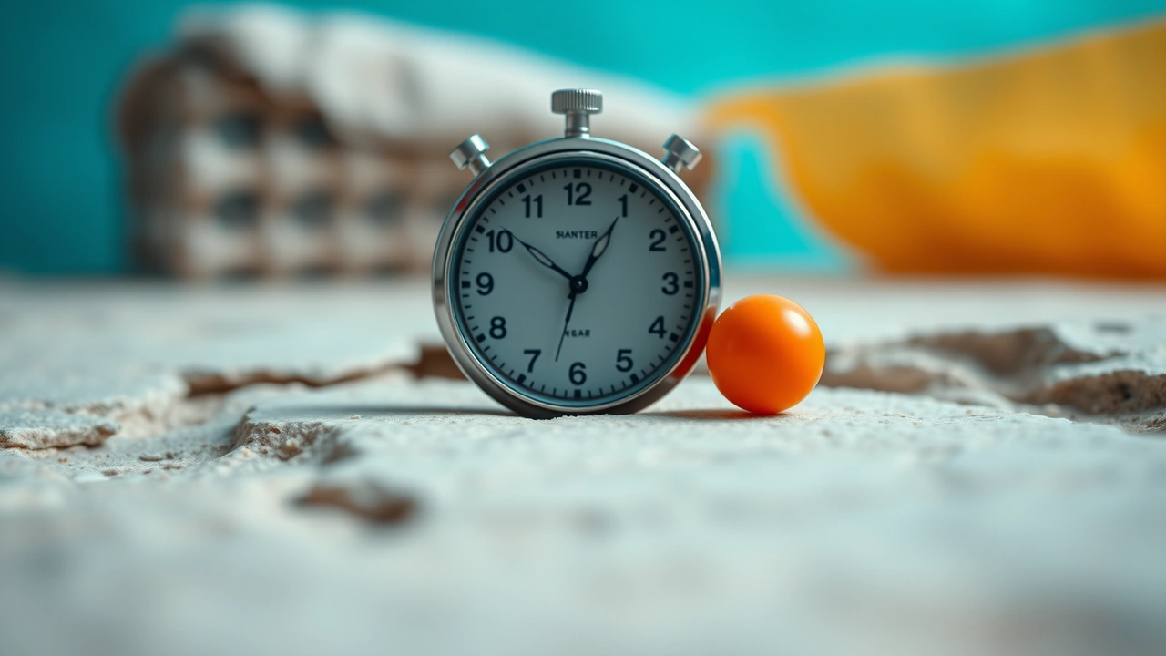 A mechanical stopwatch lying face-up on pale stone beside a small orange ball, the second hand blurred in motion while the ball sits perfectly still