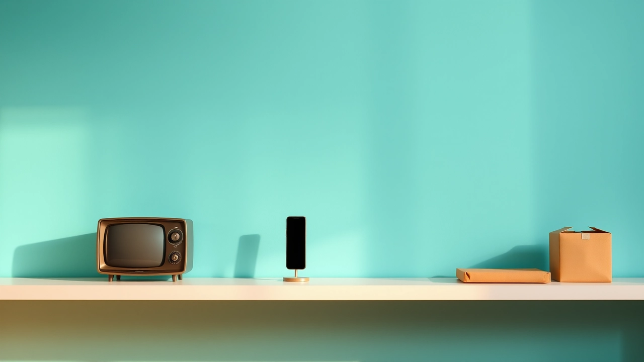 Three objects standing apart on a wide pale shelf against a soft teal wall: a small vintage television cabinet on the left, a modern phone standing upright in the middle, and a flat cardboard box on the right, each lit separately from above so the three cast three distinct shadows