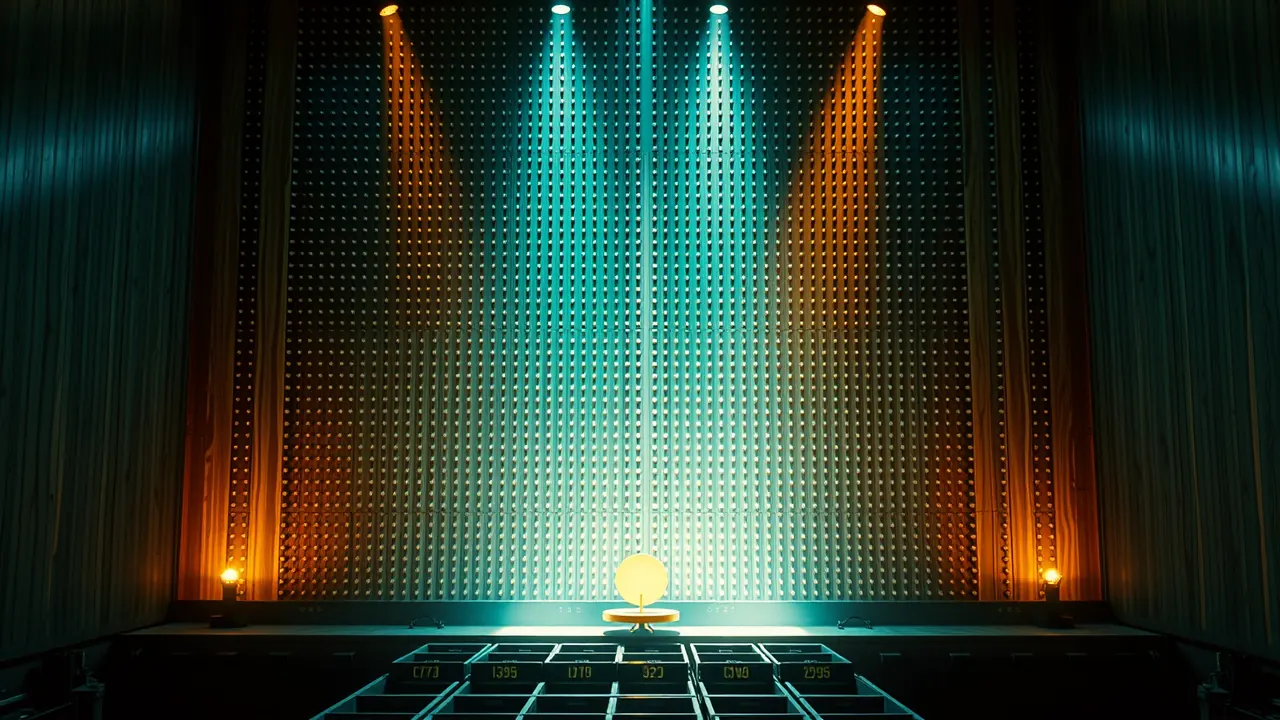 A huge upright wooden wall two storeys tall covered edge to edge in hundreds of tiny metal studs, filling the whole frame, warm theatre spotlights raking across it from the left, a single flat yellow disc the size of a saucer resting in one of the numbered trays along its foot, deep shadow behind, dust drifting in the beam