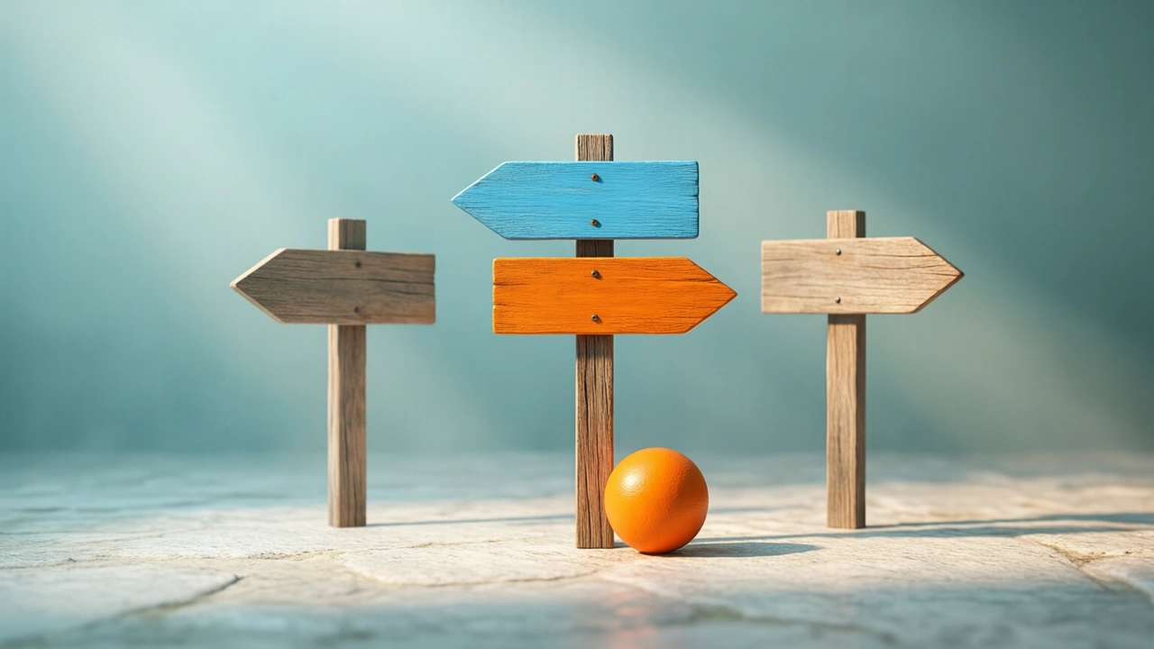 Three small wooden signposts standing on a pale stone surface pointing in different directions, a single orange ball resting at the base of the middle one
