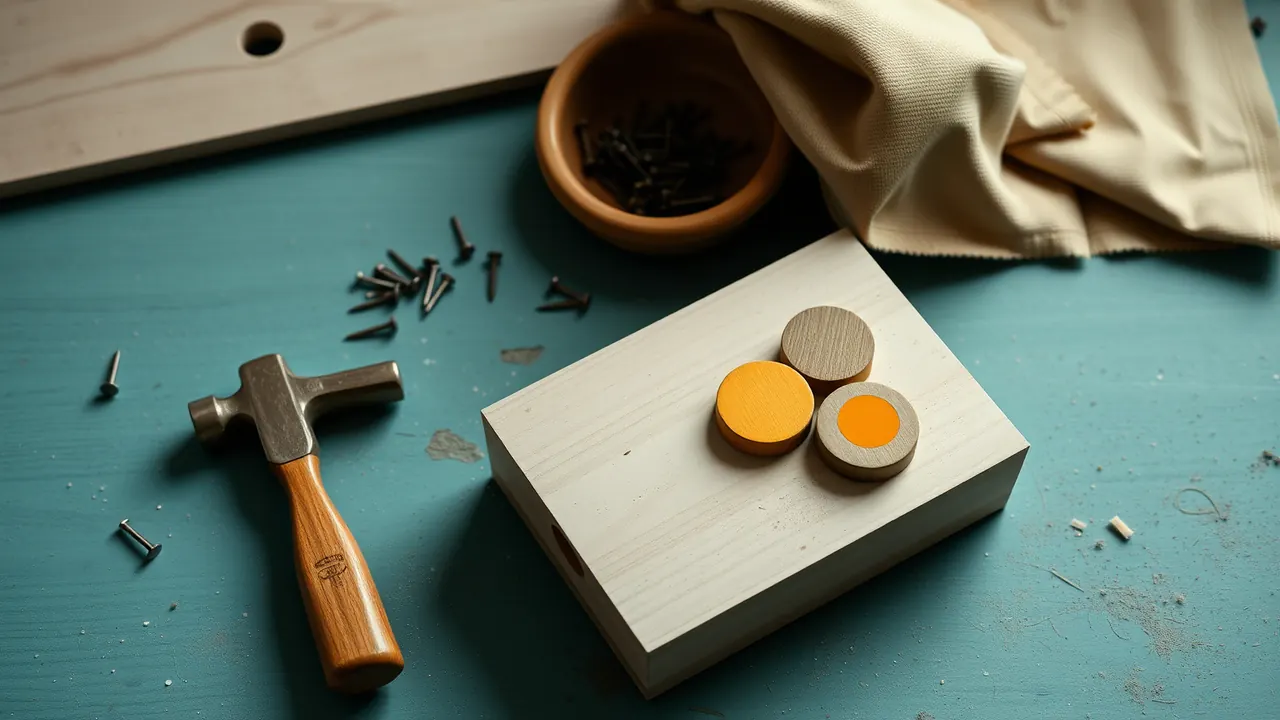 A wooden workbench in flat daylight holding a small hammer, a scatter of short steel nails, an offcut of plywood and a shallow cardboard tray with three painted wooden discs in it, sawdust caught in the light